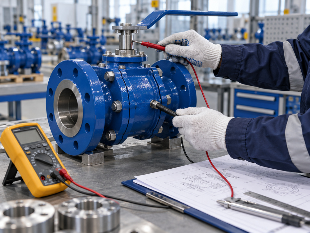 Prüfer überprüft neben Qualitätsdokumenten auch die elektrischen Durchgangspunkte an einem industriellen Kugelhahn